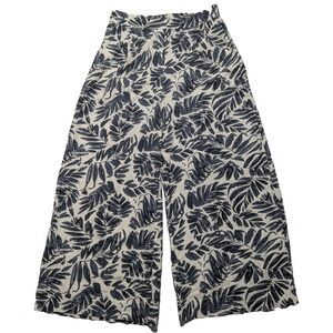 MNG MANGO Women Small Blue Ivory Linen Blend AOP Pull-on Wide-Leg Cropped Pants